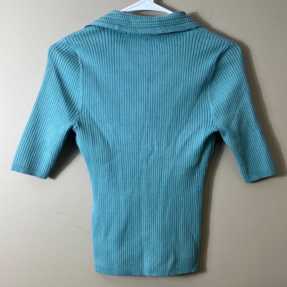 White House Black Market Teal Ribbed Knit Polo Top Size S Preppy Chic Workwear - Picture 3 of 10
